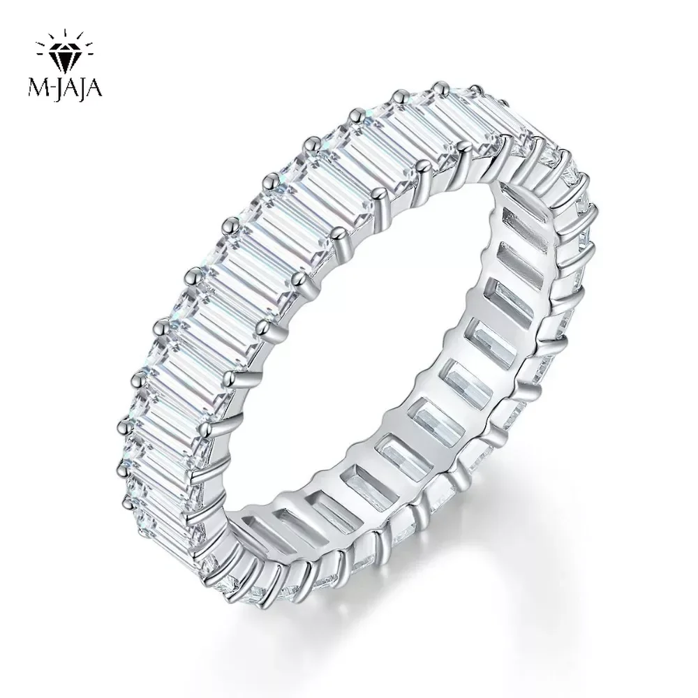 

M-JAJA Full Mossanite Ring 925 Sterling Silver Plated Gold 2*4mm Rectangular Emerald Cut Diamond Eternity Wedding Band Jewelry