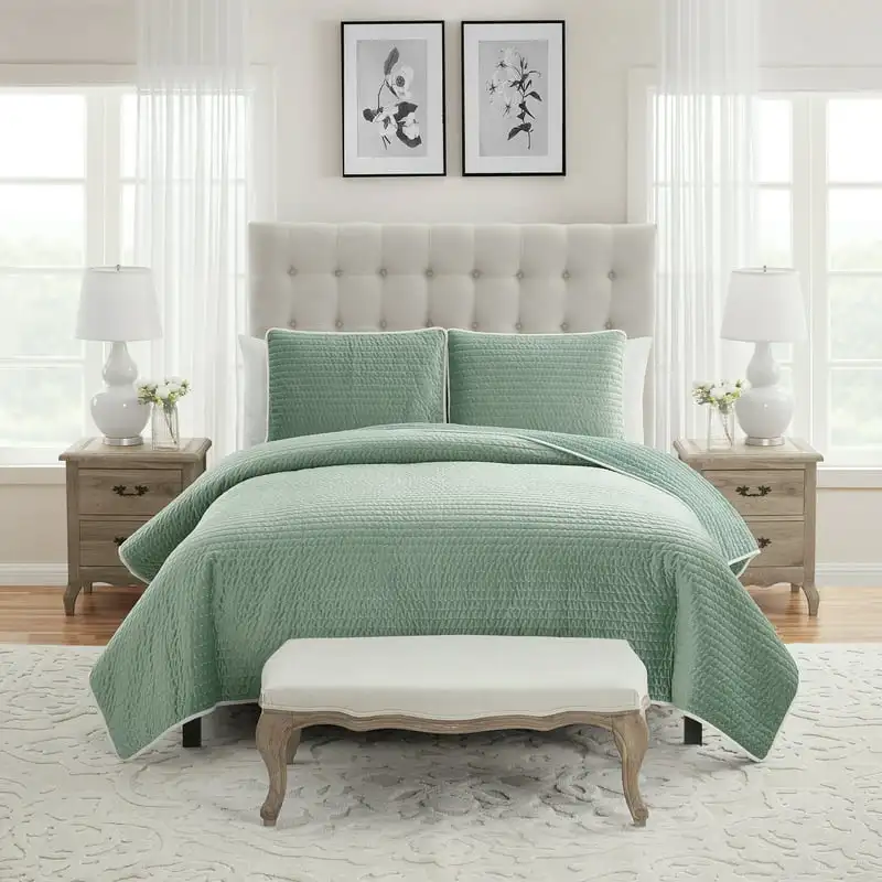 

Quinn Iceberg Green Pick Stitch Stripe Velvet 3-Piece Quilt Set,