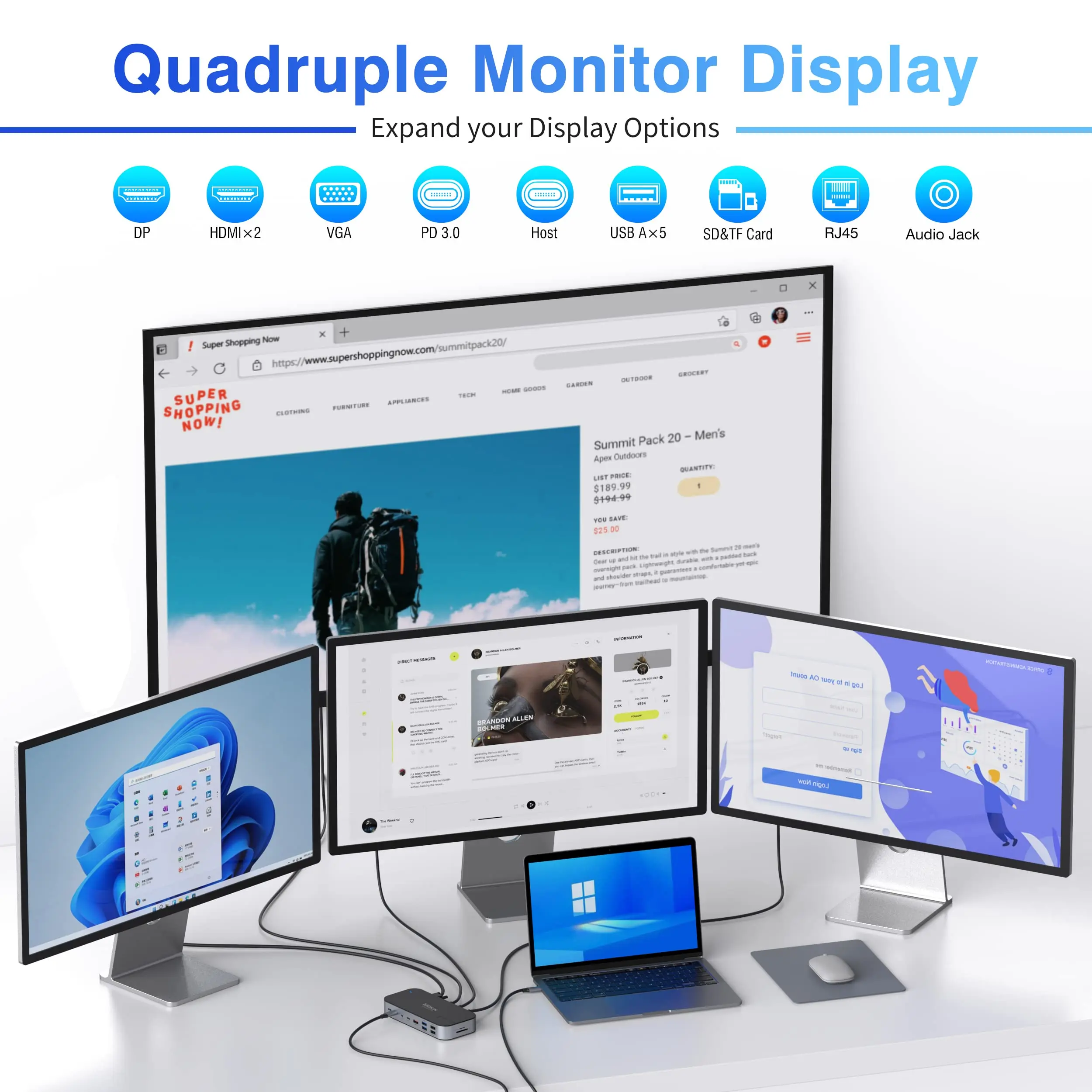 MOKiN USB C Docking Station Dual HDMI Monitor Adapter USB C Hub 3 Monitors Adapter with 4K Dual HDMI Displayport VGA 100W PD 3.0 3