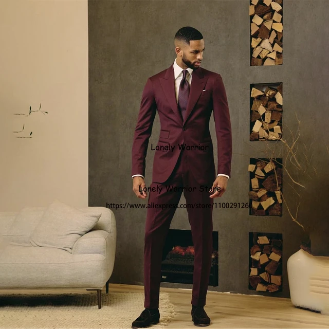 Burgundy Men Slim Fit Suit Groom Tuxedo Wedding Prom Formal