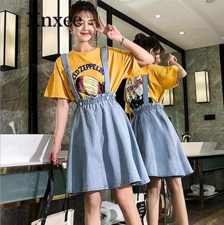 

Cute Elegant Sweet Casual Overalls Skirts Women 5xl Loose Ruffles Summer Bud Skirts Jeans Midi Denim Skirts Fashion