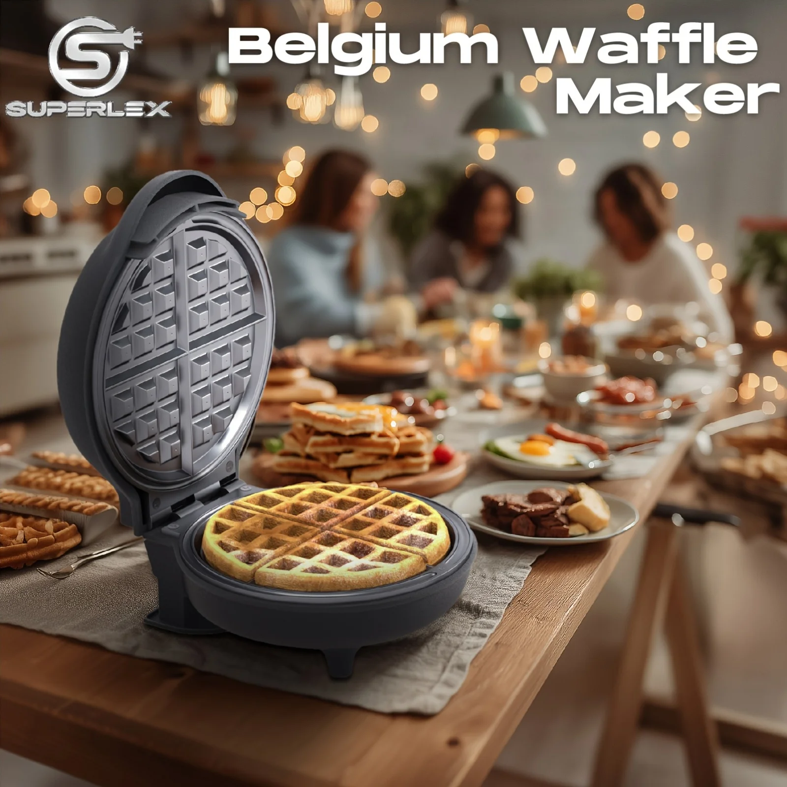 SUPERLEX Electric Belgian Waffle Maker - Prepare 4 Waffles Simultaneously with Cool Touch Handles, Automatic Temperature Regulat