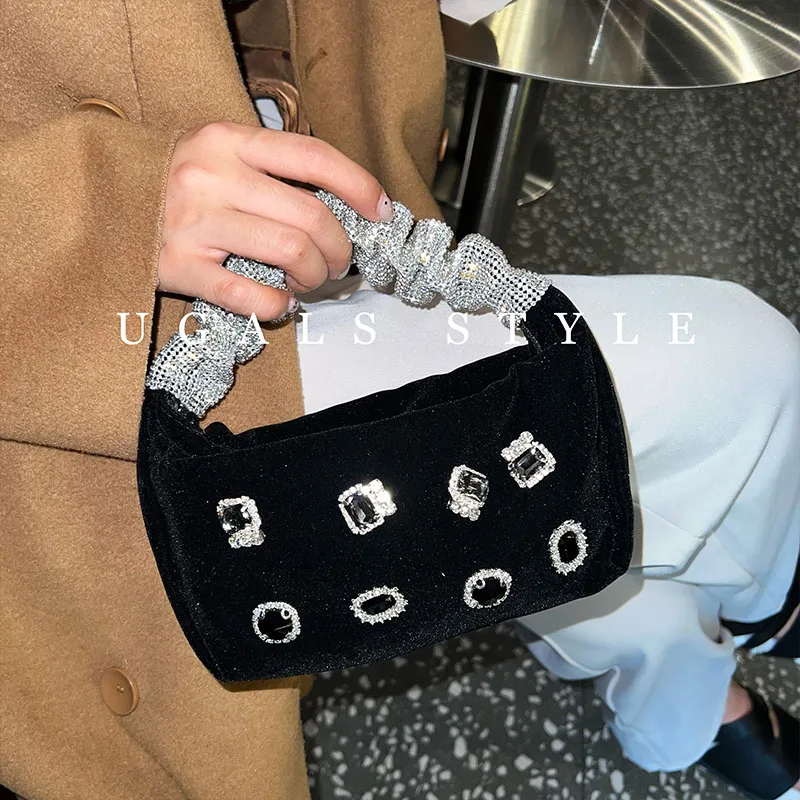 

Crystal Rhinestone Diamond Handle Velvet Handbag Women Square Bling Clutch Bag Luxury Designer Clutch Purse For Wedding Party
