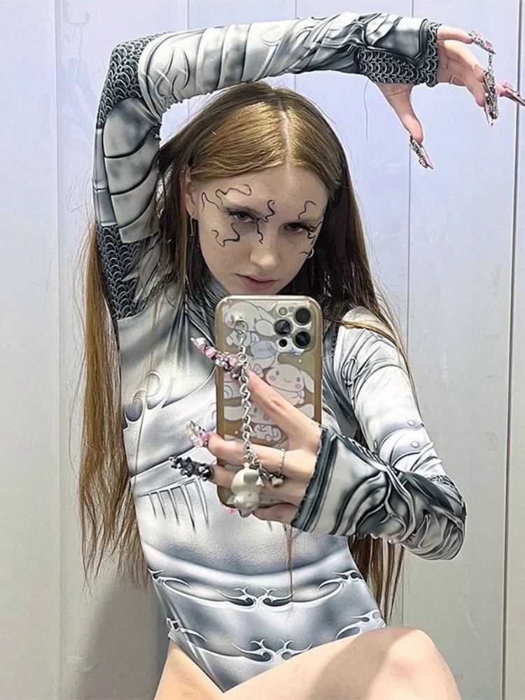 Printed Skinny Sexy Bodysuit Lingerie Gray One-pieces Bustier Long Sleeve Corset Top Streetwear Fashion Trends Women Clothing