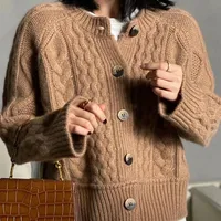 Fall Winter New Style 100% Pure Wool Sweater Cashmere Cardigan Women Loose Lazy O-Neck Twist Cardigans Thick Warm Knitted Jacket 1