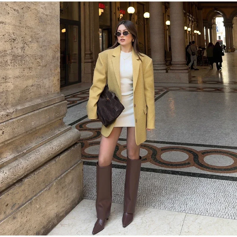 Elegante blazer amarillo para mujer, chaqueta de traje de manga larga con solapa holgada y botonadura sencilla, primavera 2025, prendas de vestir exteriores para dama de calle alta