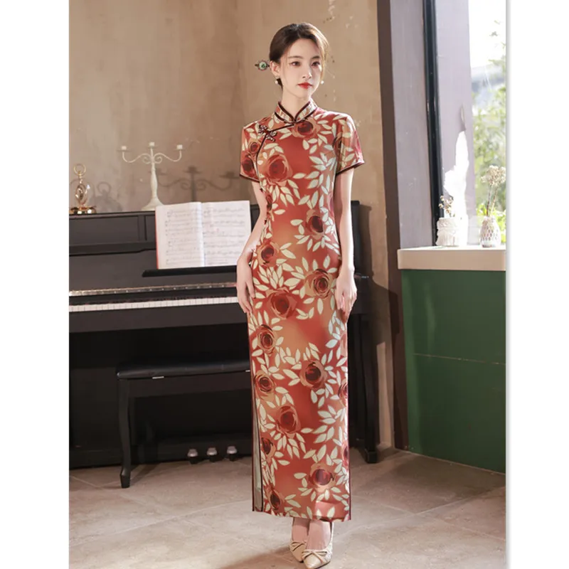 

Old Shanghai Art Retro Chinese Style Long Short Sleeve Qipao Spring/summer New Young Women's Eight Button Show High Fork Slim