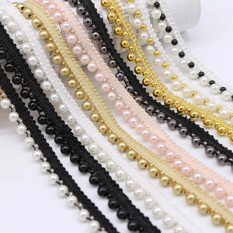 Pearl Lace Edge Trim Ribbon Braided Lace Trimmings Beads Edging Fabric Embroidered Applique Sewing DIY Craft Clothes Decor 1Yard