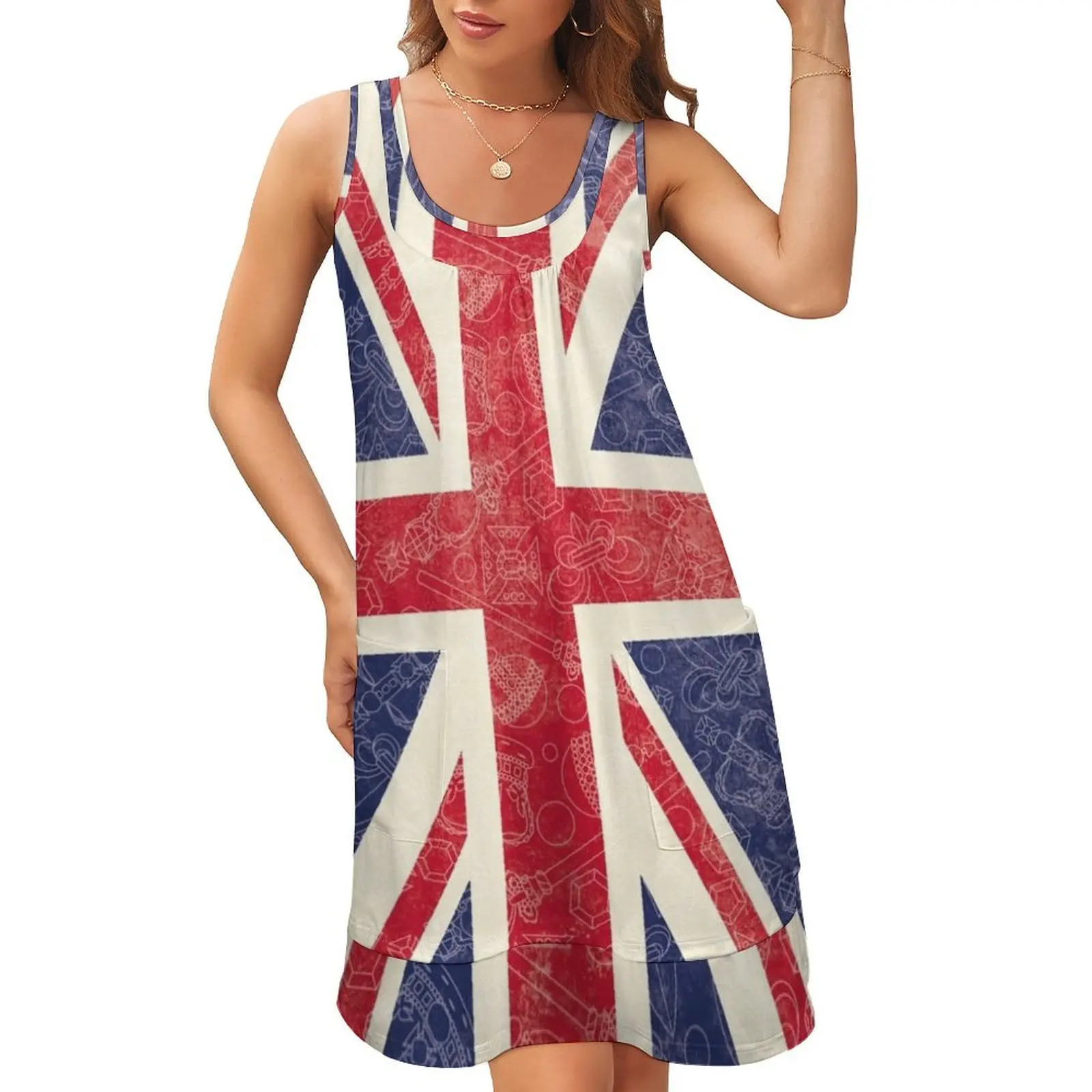 

Union Flag Sleeveless U-Neck Fake Two Piece Dress womans clothing party dress women elegant luxury
