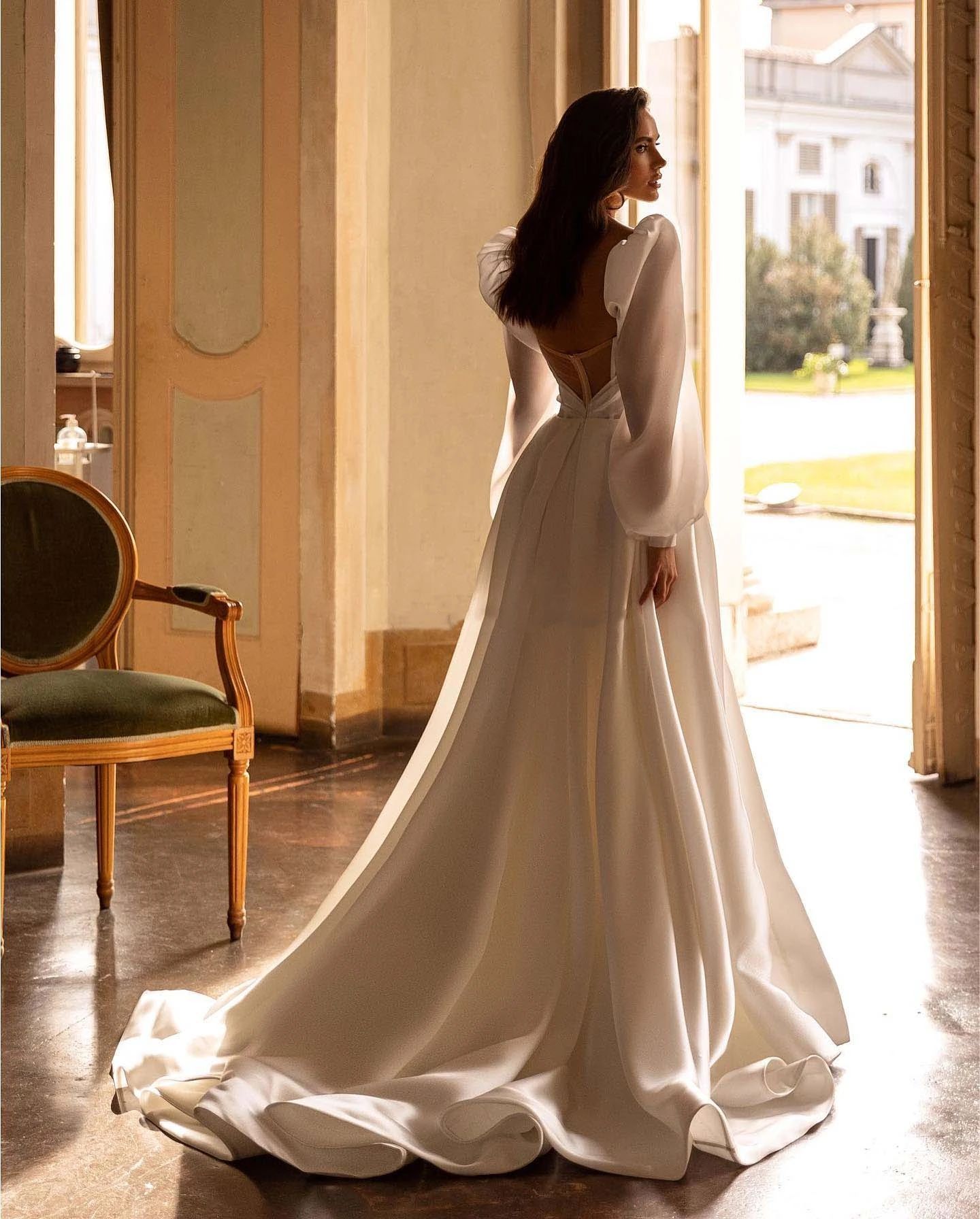 Charming Wedding Dresses Chiffon Satin A-Line Robe Floor-Length Bridal Gowns Vintage Puff Sleeves Vestidos De Novia Customized 2