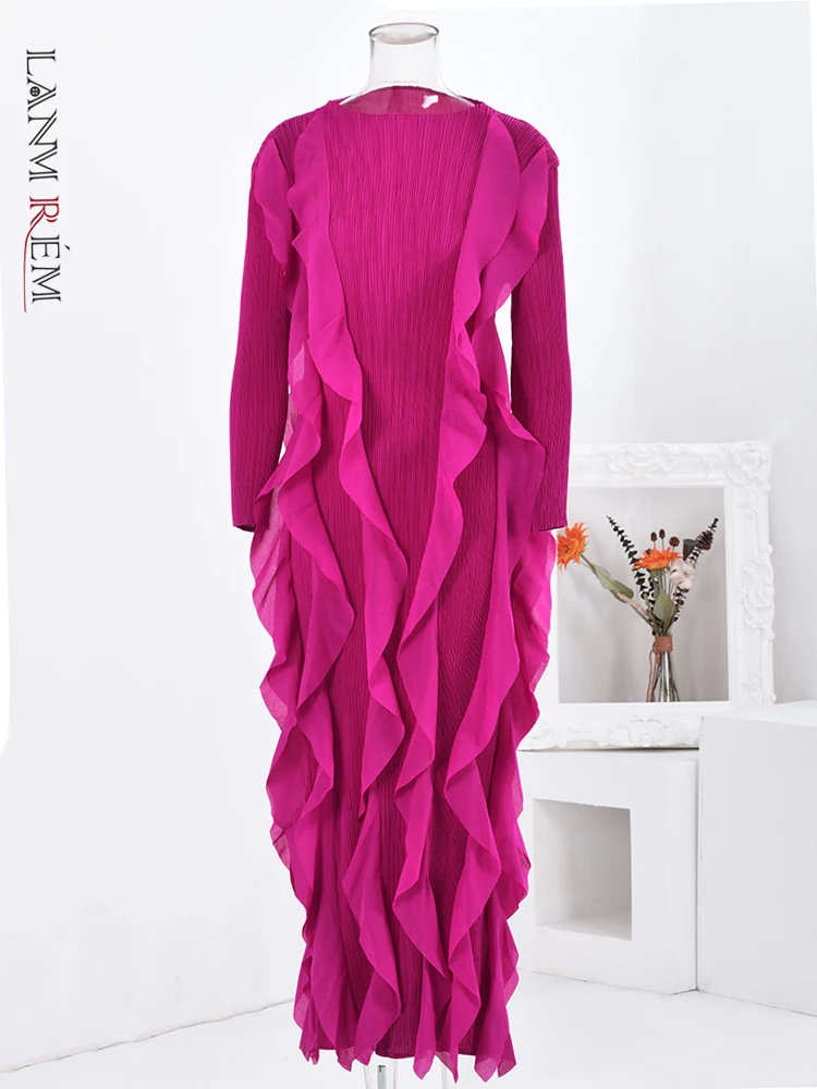 

LANMREM Ruffles Spliced Women's Dress Elegant Round Neck Long Sleeves Slim Dresses Fashion Party 2023 Autumn New 2AA2943