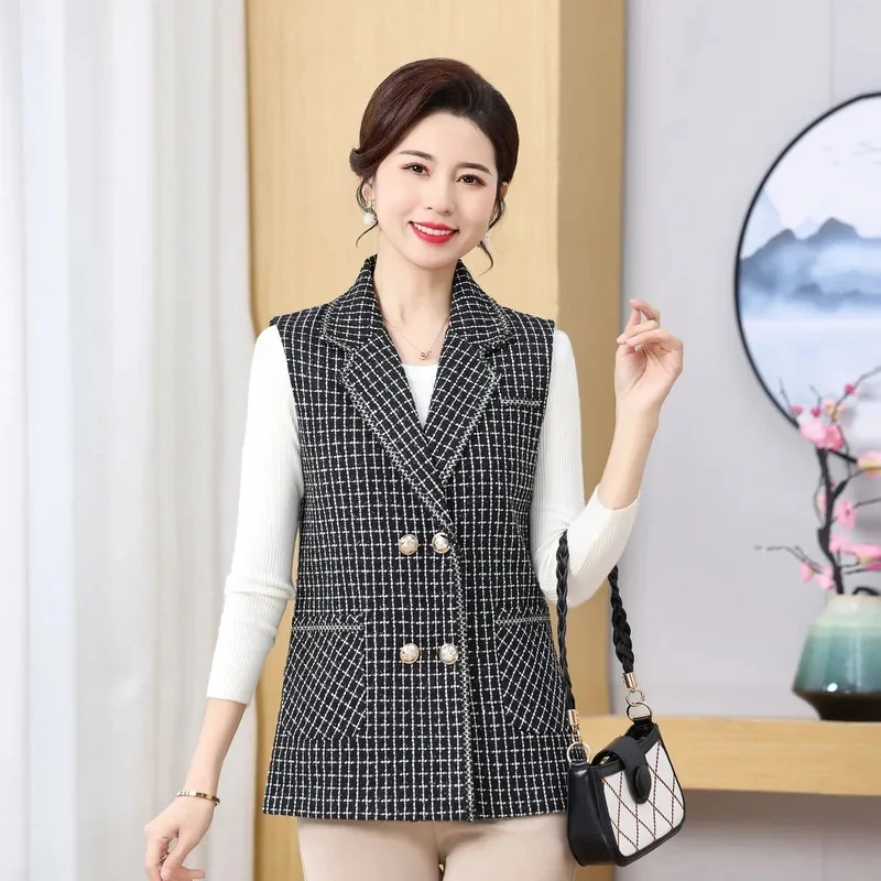 

2024 Spring Autumn New plaid Vest Jacket Women's Fashion Middle-aged Mothers Sleeveless Slim Elegant Waistcoat Female Coat Tops