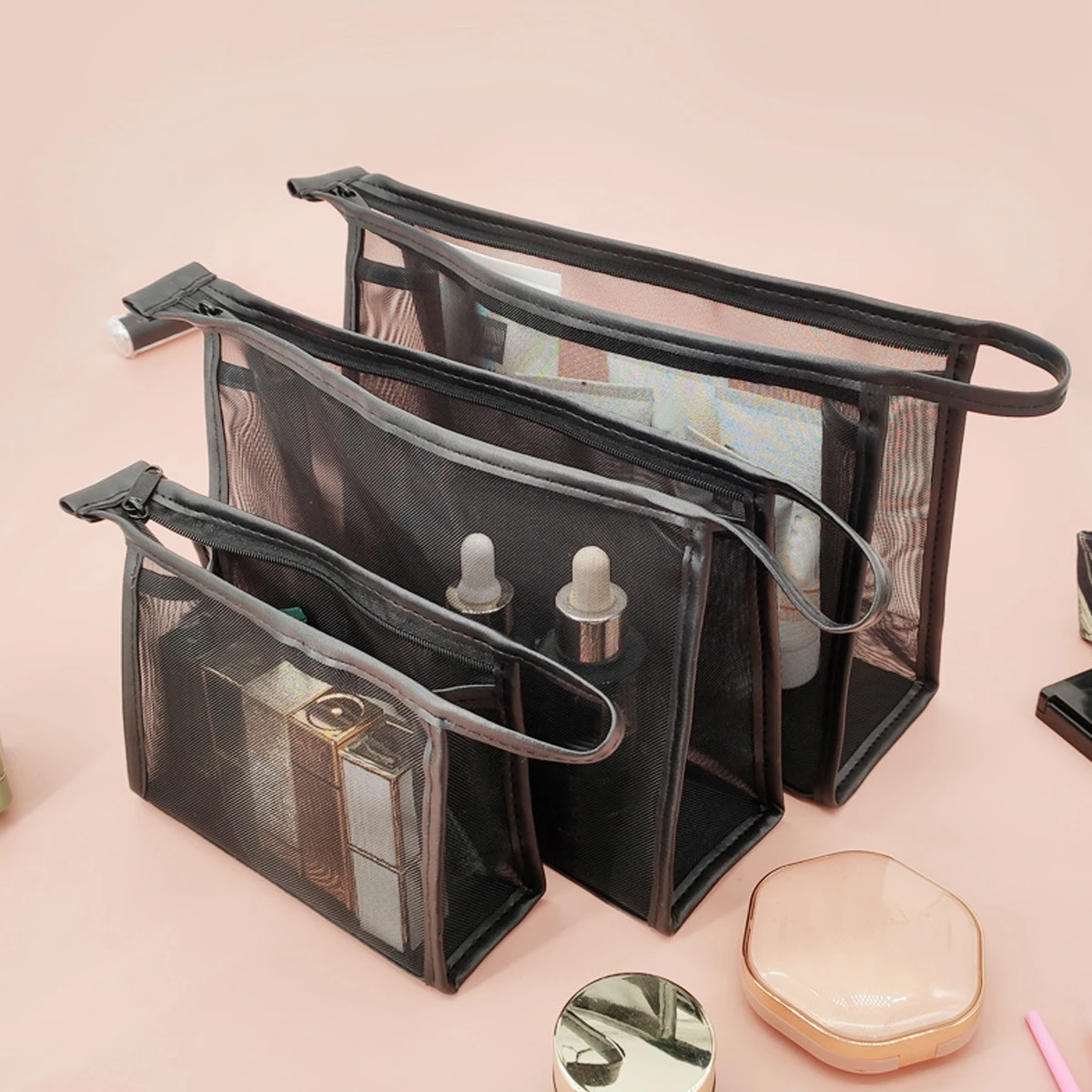 2023 New Fashion Mesh Cosmetic Bag Clear Makeup Pouch Women Makeup Organizer Toiletry Bag Travel Storage Cosmetics Bag