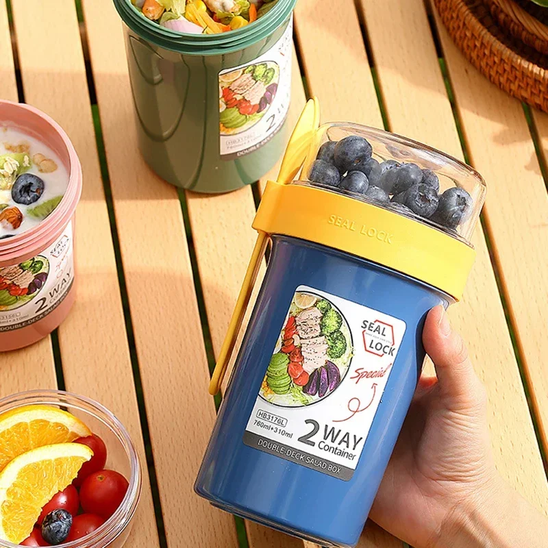 Bento Lunch Box Salad Oatmeal Breakfast Double Cup Cereal Nut Yogurt Container Set with Dressing Holder Fork Meal Preparation - 2