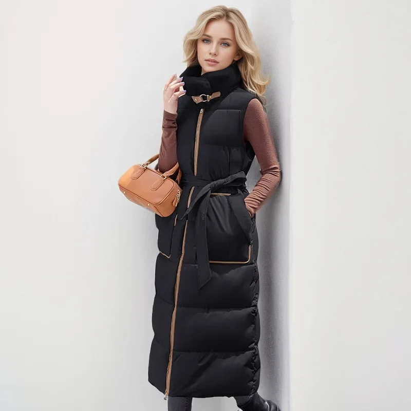 Winter Long Women's Down Cotton Vest Jacket Stylish And High-End Plush Stand Collar Cinched Waist Slimmer Warm Jacket