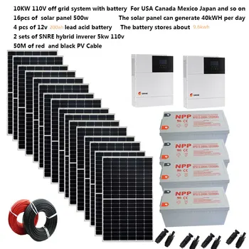 Potovoltaic System Complete 10000W 10KW 220V 110V Solar Panel 500W Off Grid Hybrid Inverter Home Villa Farm 8HP Heater Freezer