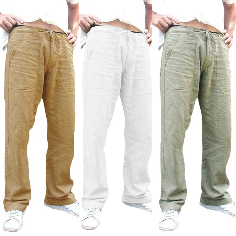 

Casual Loose Pants Solid Trousers Men's Cotton Linen Pants Male Jogger Drawstring Pockets Baggy Pantalon Straight Sweatpants