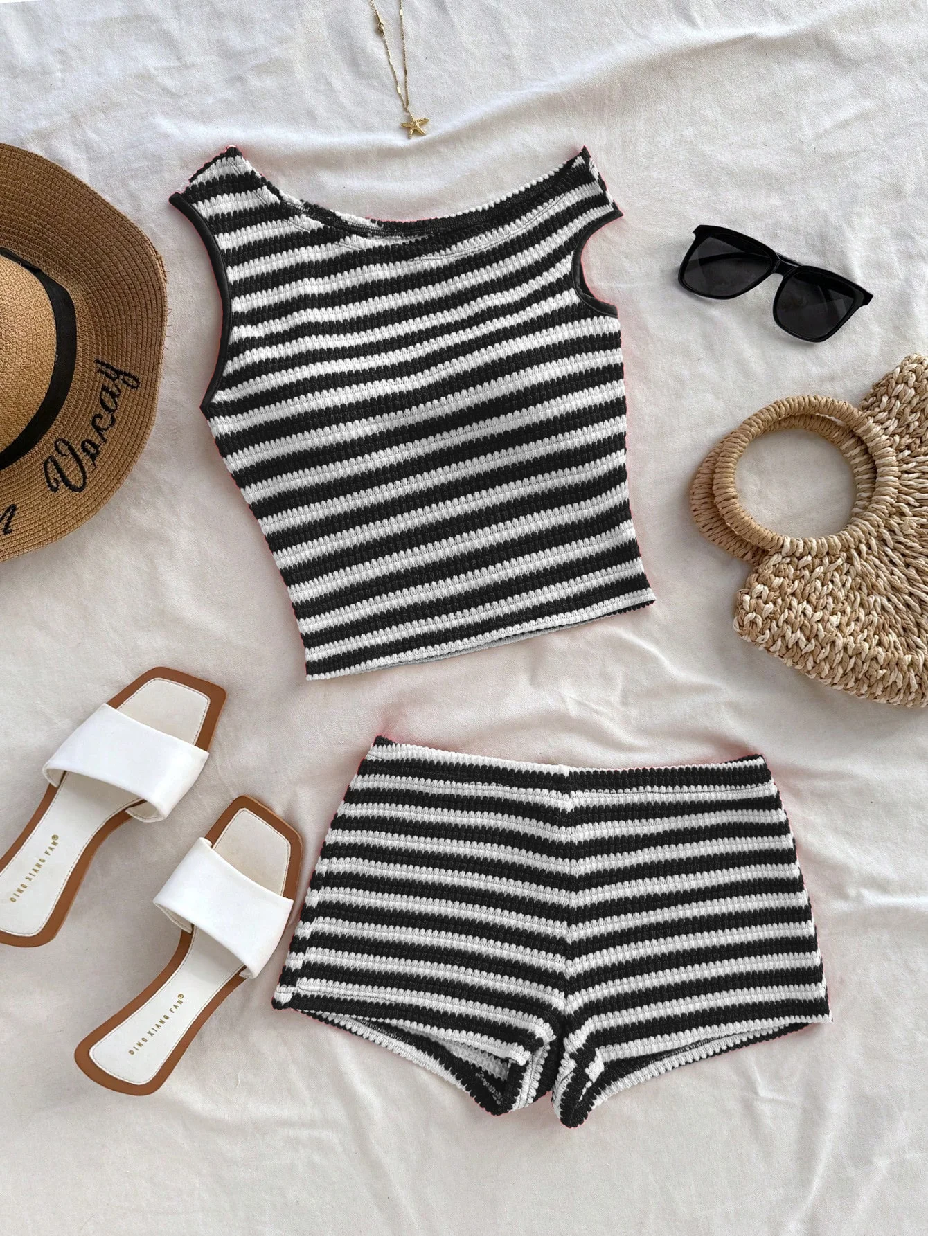 European and American striped vest shorts set, summer knitted hot pants top two-piece set