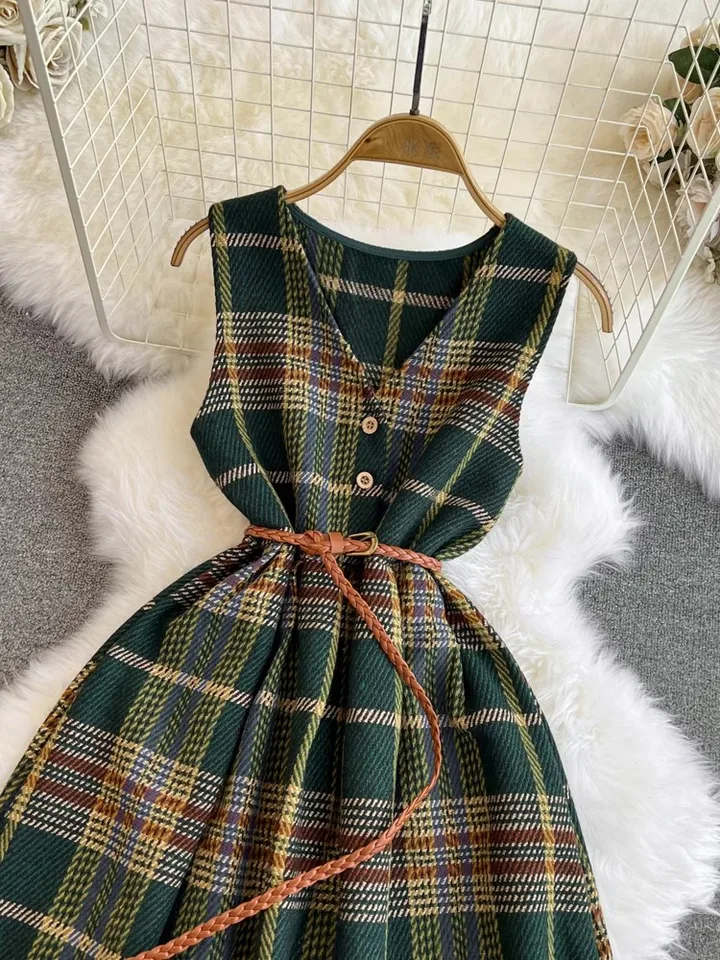Autumn Winter Plaid Woolen Dress Women Vintage V Neck