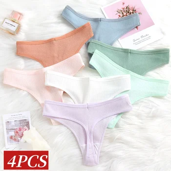 4Pcs/Set Women Cotton Panties Sexy V-Waist Thongs G-string Female Underpants Solid Color Comfortable T-back Lingerie M-XXL