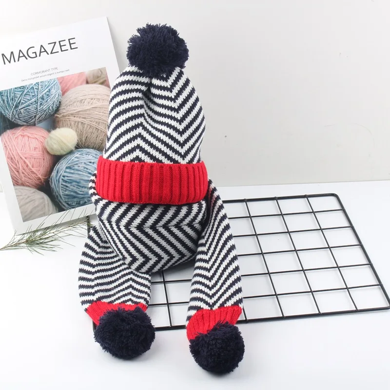

2PCS Pompom Kids Hat and Scarf Set Striped Knitted Warm Infant Baby Hats for Boys Girls Bonnet Beanie Winter Children Cap 1-5T