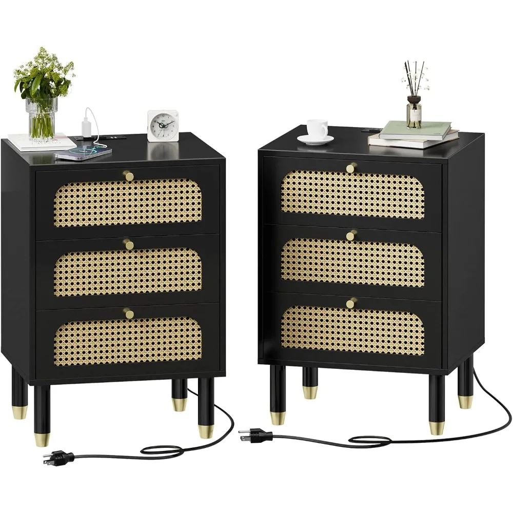 Rattan Nightstand Set of 2 with Charging Station, 27 Tall Black Nightstand with 3 Drawers for Bedroom, Boho Mid Century Modern