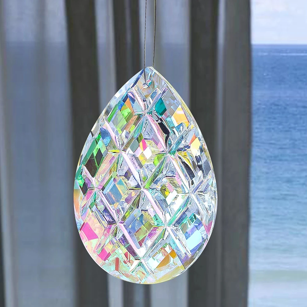 Waterdrop Grid Crystal Suncatcher Glass Prism Window Hanging Decor Rainbow Maker Chandelier Lamp Pendant for Window Ornament