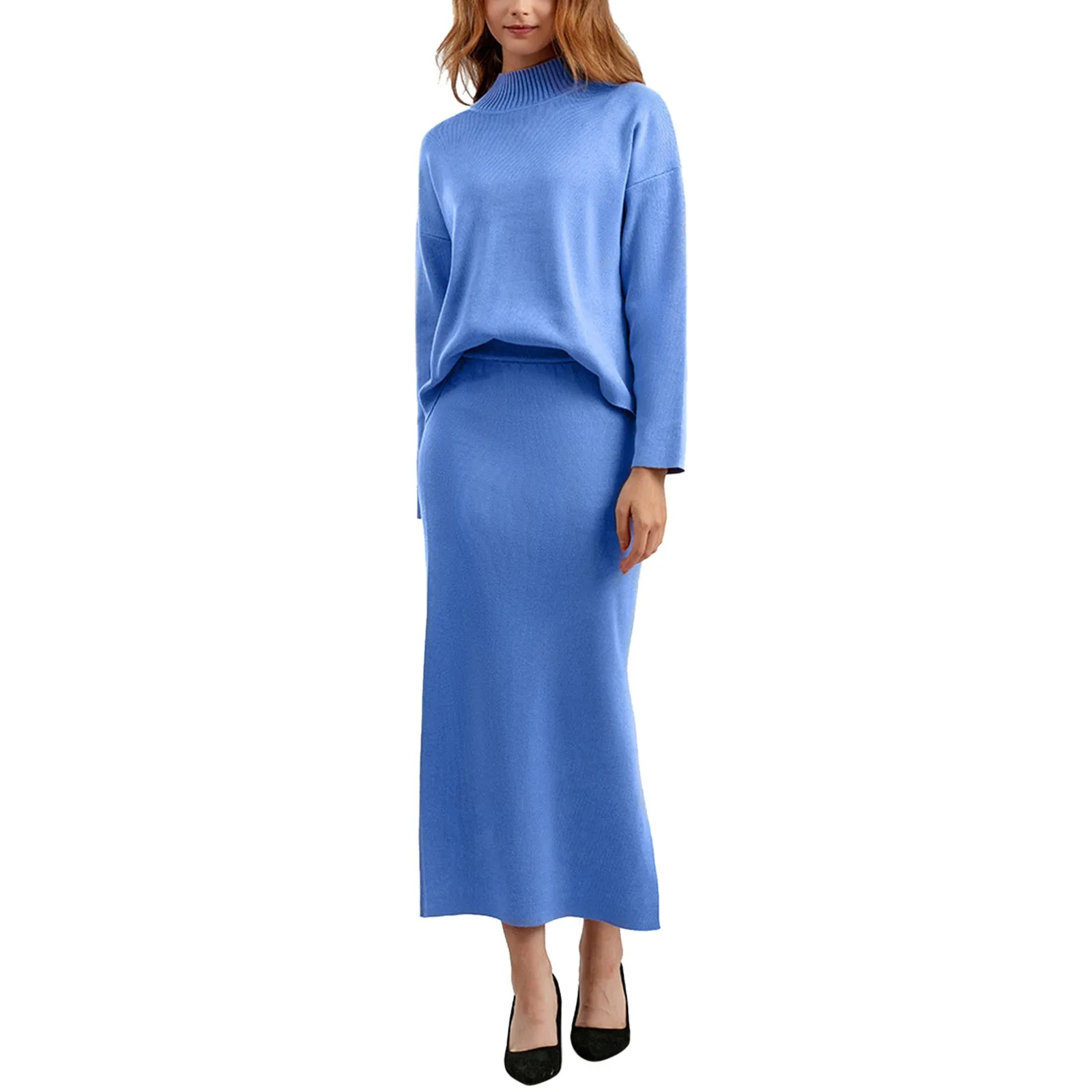 Women's 2 Piece Outfits Fall And Winter Long Sleeve Tops High Slit Bodycon Midi Skirt Outfit Two Piece Women Dress Suit Set 2024