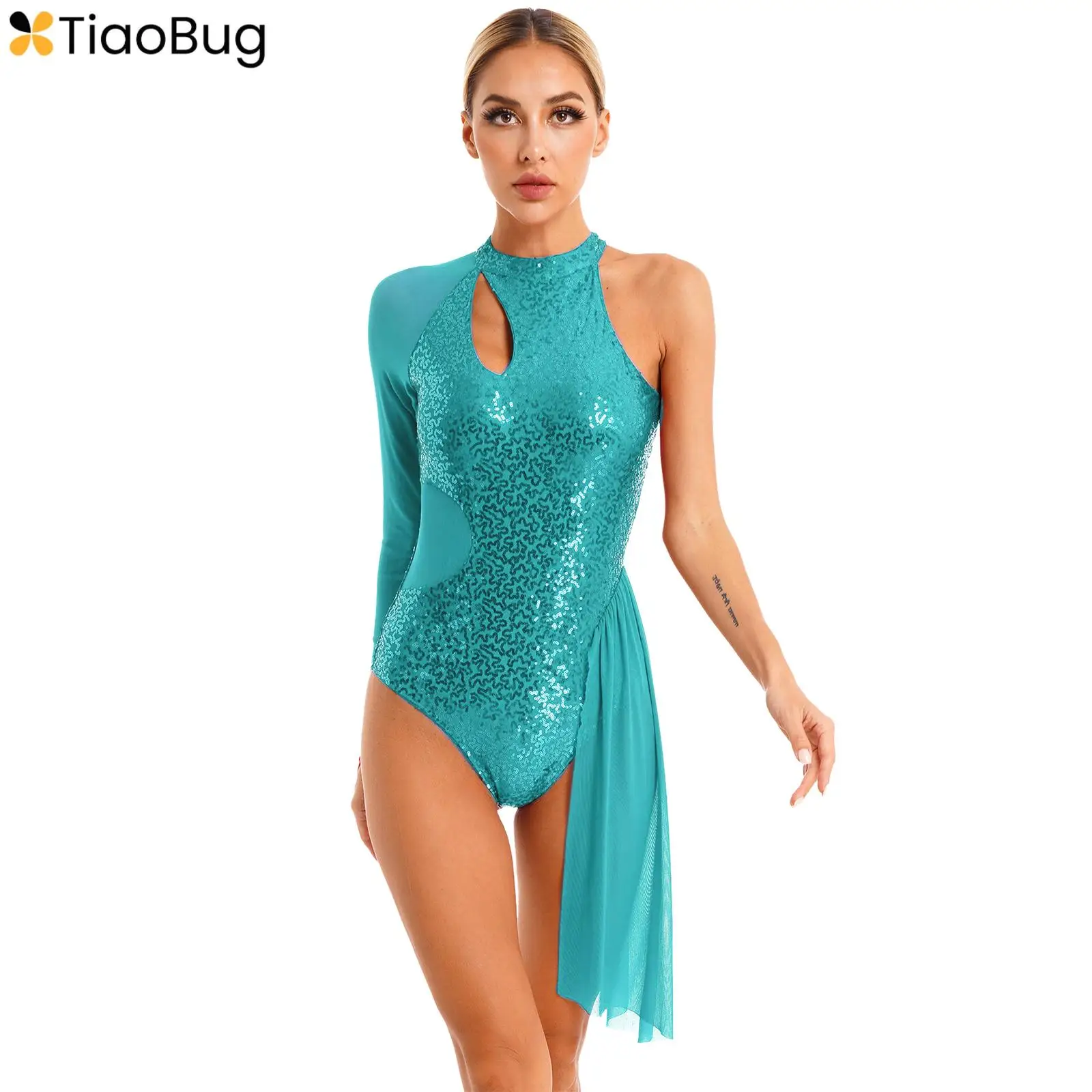 

Womens Sequins Jazz Lyrical Dance Dress Ballet Tutu Leotard One Shoulder Long Sleeve Latin Tango Ballroom Costume Dancewear