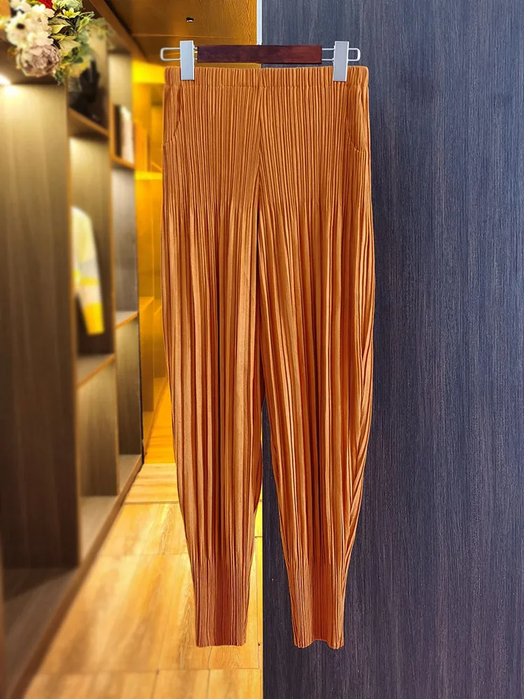 Miyake Pleated Radish Pants Women's Loose Thin Harem Pants Pleated Calf Solid Color Versatile Simple Oversized with Elasticity