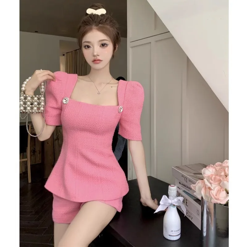 

Spicy Girl Fashion Bubble Sleeve Top Shorts Two Piece Set Women Square Neck Celebrity Bow Backless Solid Slim Summer Chic Suit