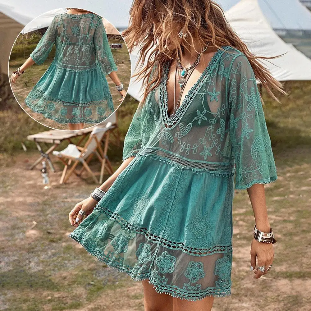 Sexy Women's Mesh Bikini Cover-up Deep V-neck Swimsuit Short Beach Clothes Summer Lace Sleeve Dress Set Hollow Out T1W4