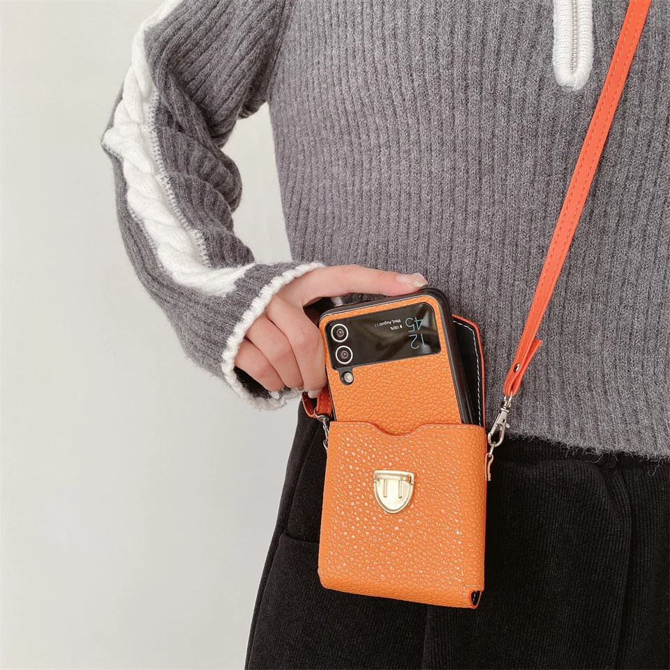 

Сумка кросс-боди 2 в 1, чехол для телефона Samsung Galaxy Z Flip 3 4, флип-чехол, сумка на плечо, кожаный чехол с ожерельем и ремешком, Flip4