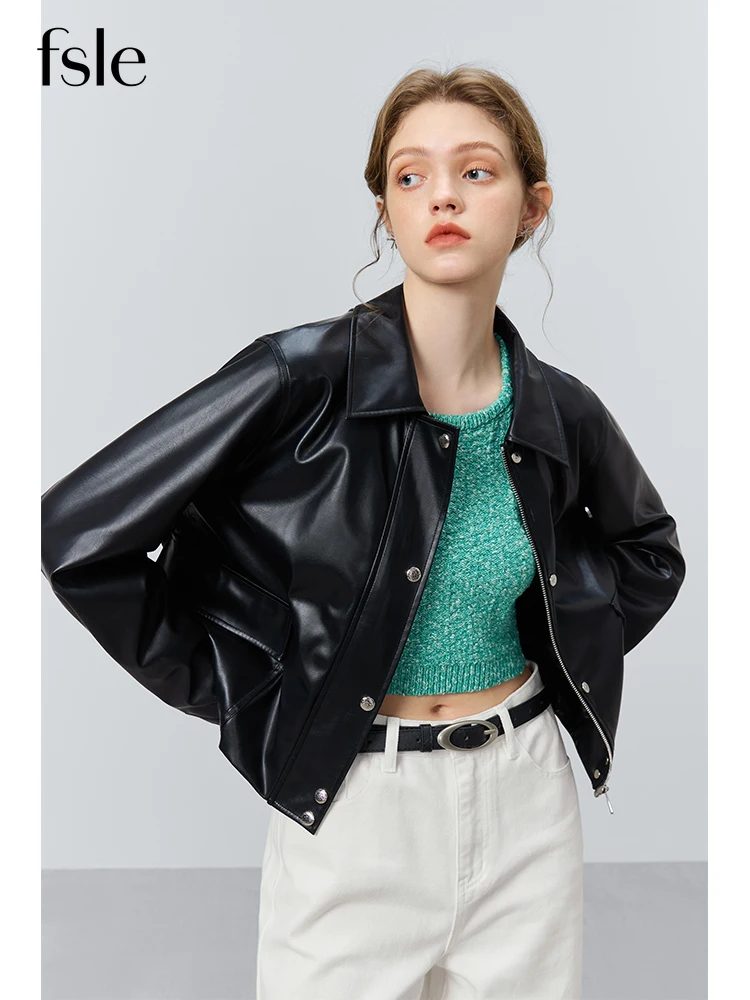 

FSLE Black Imitation Protein PU Leather Coat for Female 2023 New Autumn Hong Kong Style All-match Cool Jacket Short Coat Women