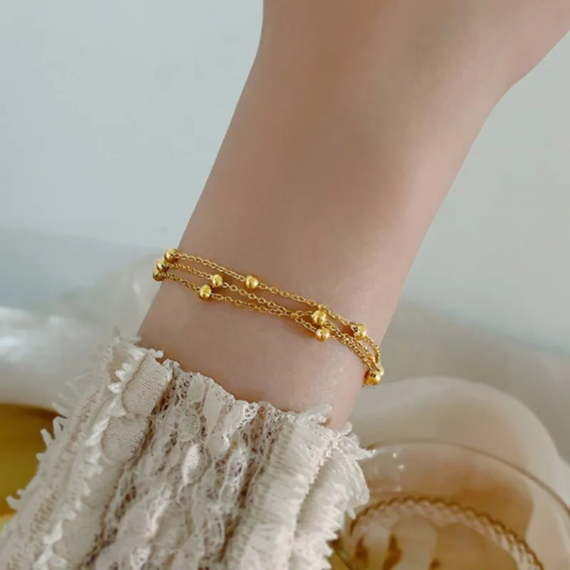 Multi-Layer Golden Small Ball Bracelet for Women Elegant Waterproff Stainless Steel Statement Chain Party Jewelry Gifts