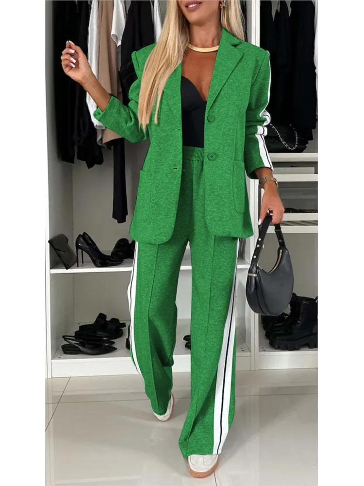 Autumn And Winter New Long Sleeves Suit Women's Suit Fashion Pimp Stitching Pants Pocket Female Office Blazer 2 Piece Set 2024 2