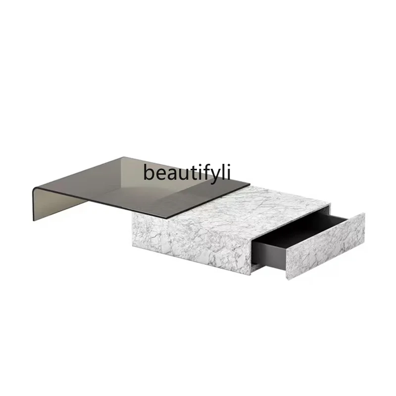 

Nordic Light Luxury Minimalist Sofa and Tea Table Small Apartment Home Living Room Marble Glass Set