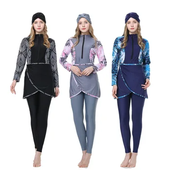 Women Muslim Burkini Swimsuit Modest Swimwear Islamic Long Sleeve Full Cover Hijab Flower Dress Top Cap Swim Pants ​Bathing Suit