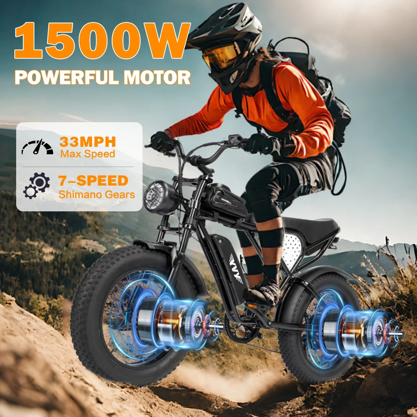 YVY K20 Electric Bike for Adults 1500/2000W 33/37MPH 48/52V 50-80Miles Electric Motorcycle 20" Fat Tire Dirt Bike 7-Speed E-Bike