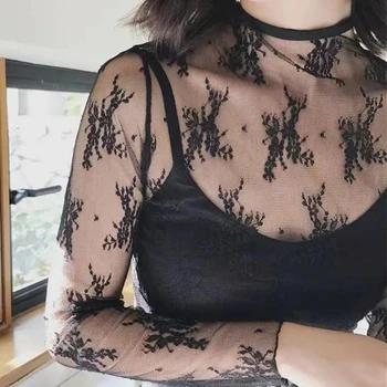Fashion Brand New Hot Sexy Long Sleeve See Through Mesh Fishnet Casual Top Tee Shirt Sheer Black Lace Star Dots Tops Women 2024