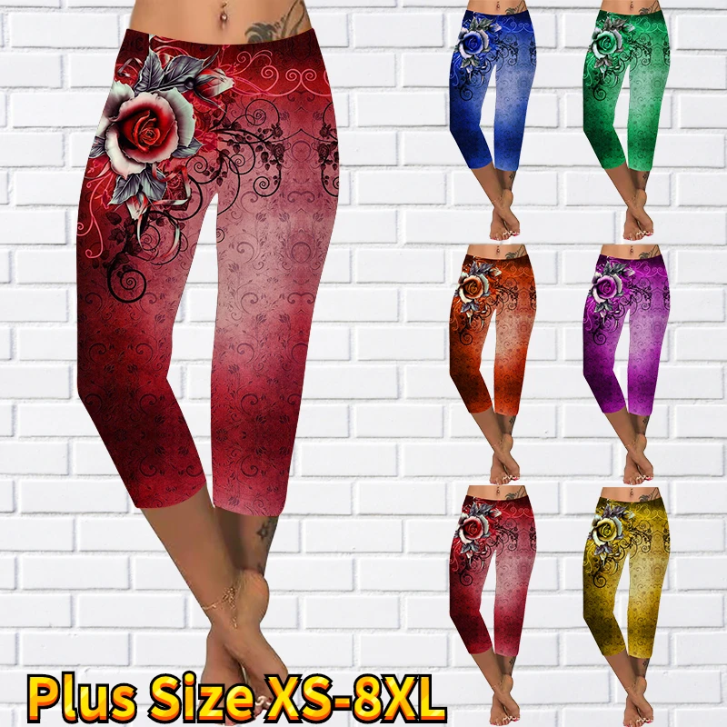 Feminine Rose Print Leggings High Waist Seamless Sports Fitness Push Ups Fitness Leggings Cropped Pants Pencil Pants Xs-8Xl