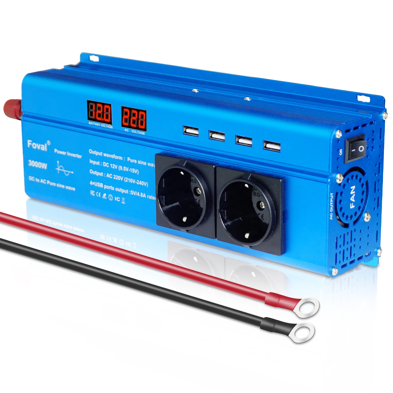 3000W Pure Sine Wave Inverter DC 12V To AC 220V 230V LED Display 4USB Power Converter EU Universal Socket