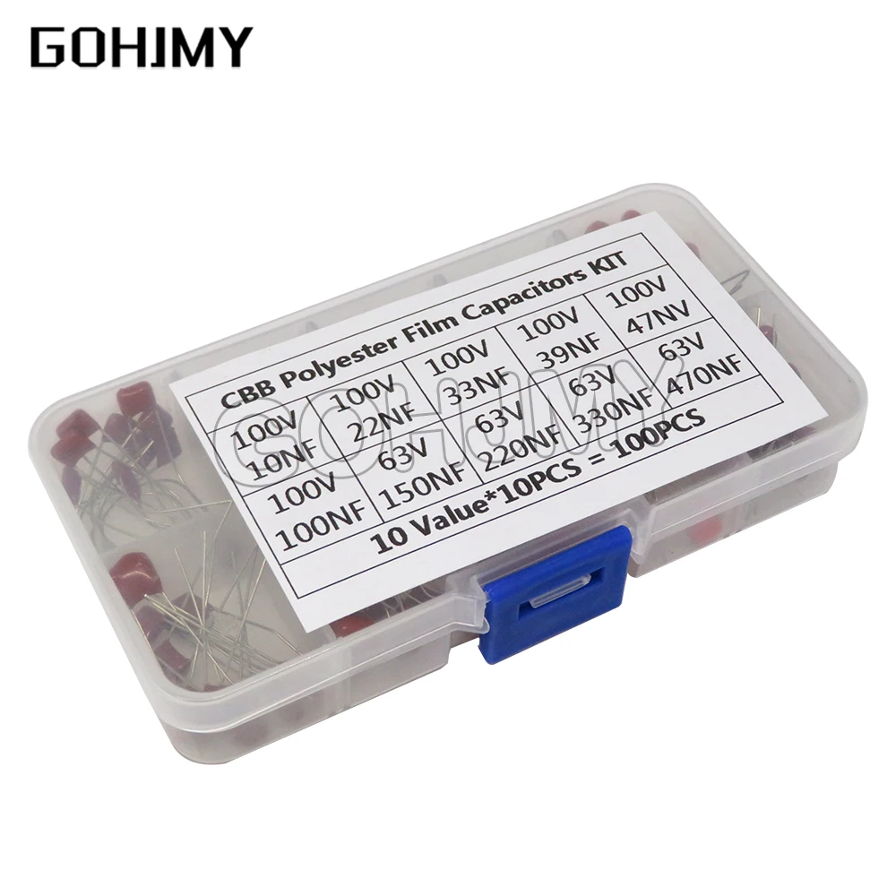 

100PCS 10nF~470nF Metallized Polyester Film Capacitors Assortment Kit High precision and stability samples CBB capacitor set