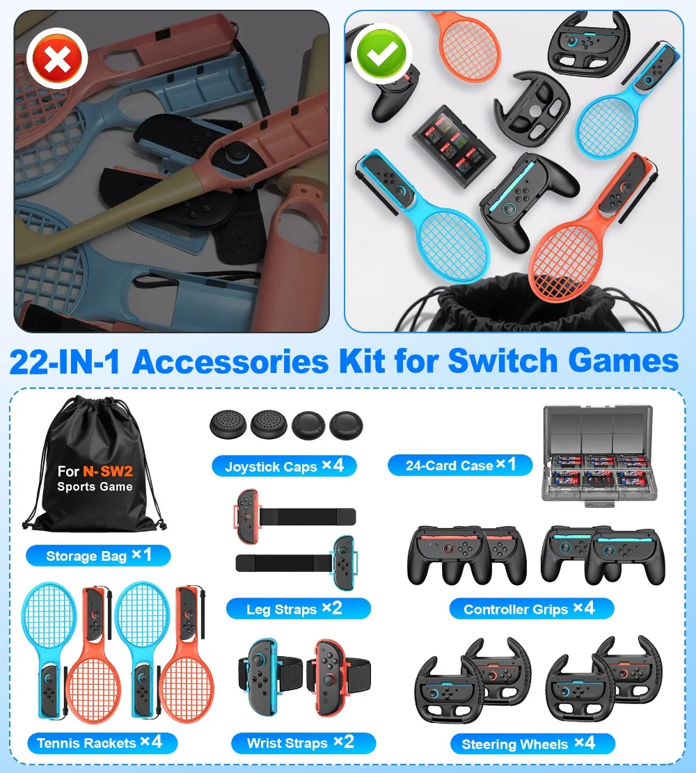 BEBONCOOL 22-in-1 Multi-Sport Accessory Set for Nintendo Switch 2 Golf Tennis Boxing Steering Wheel-Family Fun Home Workout
