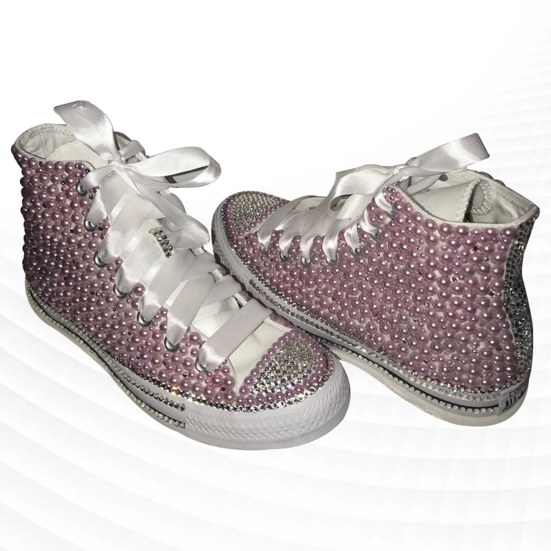 

Fashionable pink pearl rhinestones popular ribbon high top canvas shoes popular comfortable casual sneakers