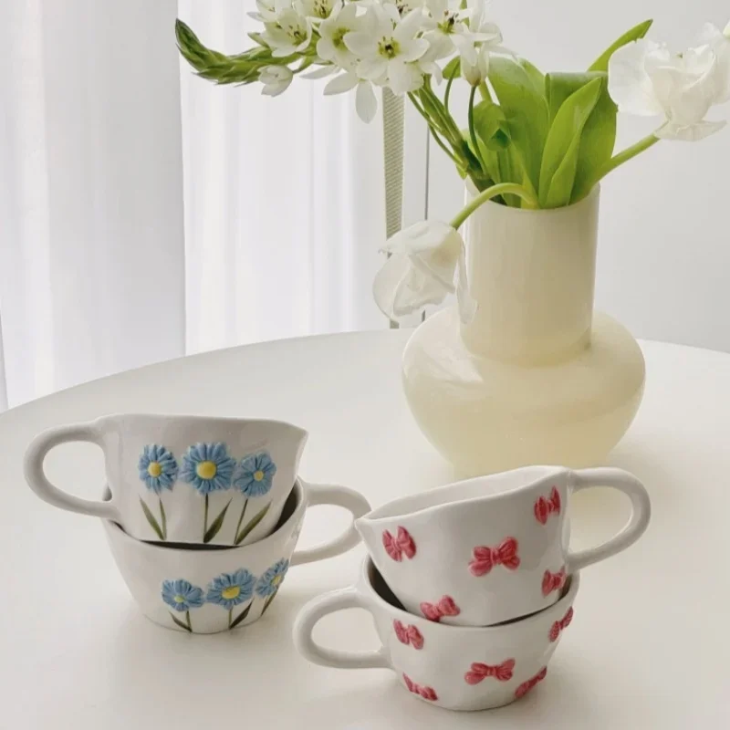Ceramic Hand Pinched Mugs Pink Daisy Relief Coffee Tea Cup