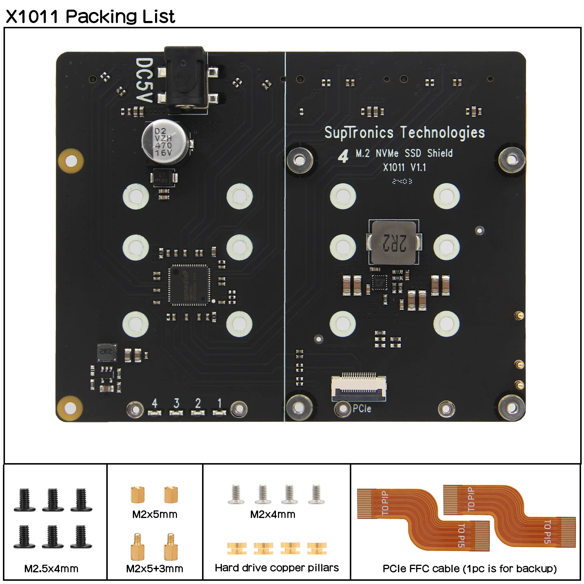 Geekwrom X1011-C1 Custodia In Metallo Per Raspberry Pi 5 E X1011 PCIe A 4 Unità NVMe Shield - Supporto VESA, 115x91.8x40.8mm, Viti E Tappetini Inclusi - 4