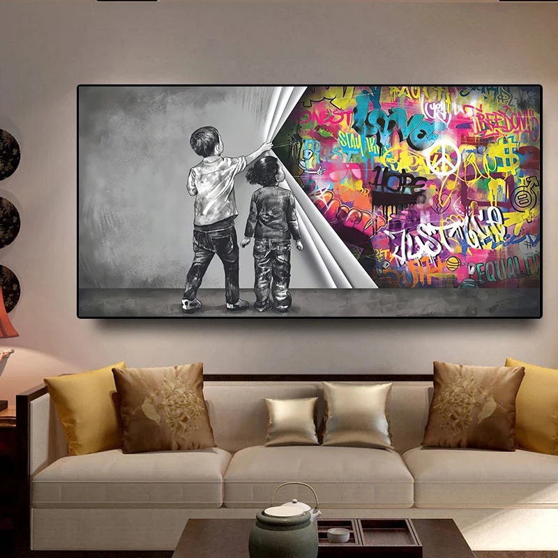 Banche Graffiti Art Fun due bambini tirando poster di stoffa e stampa su tela pittura immagini di arte della parete per soggiorno decorazioni per la casa - immagine 3