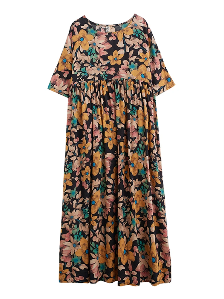 Oversize Summer Cotton Short Sleeve Print Dresses For Women Vintage Casual Loose Long Dress Femme Robe Vestidos Elegant Clothing