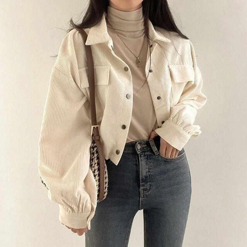 

Chic Pockets Long Sleeve Cropped Blouse for Women Corduroy Drawstring Short Jacket Woman Korean Wild Solid Color Coat